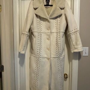 Dennis Basso Faux Suede/Fur Cream Trench Coat - Size Large